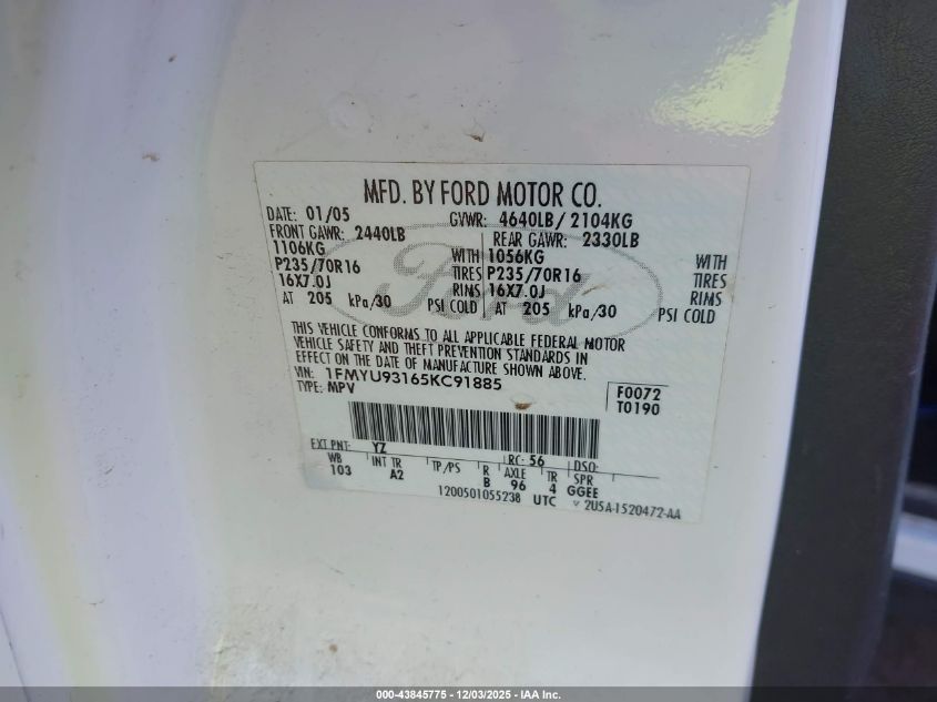 2005 Ford Escape Xlt VIN: 1FMYU93165KC91885 Lot: 43845775