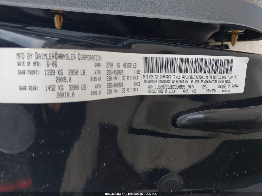 2006 Jeep Grand Cherokee Srt8 VIN: 1J8HR78326C320890 Lot: 43845777