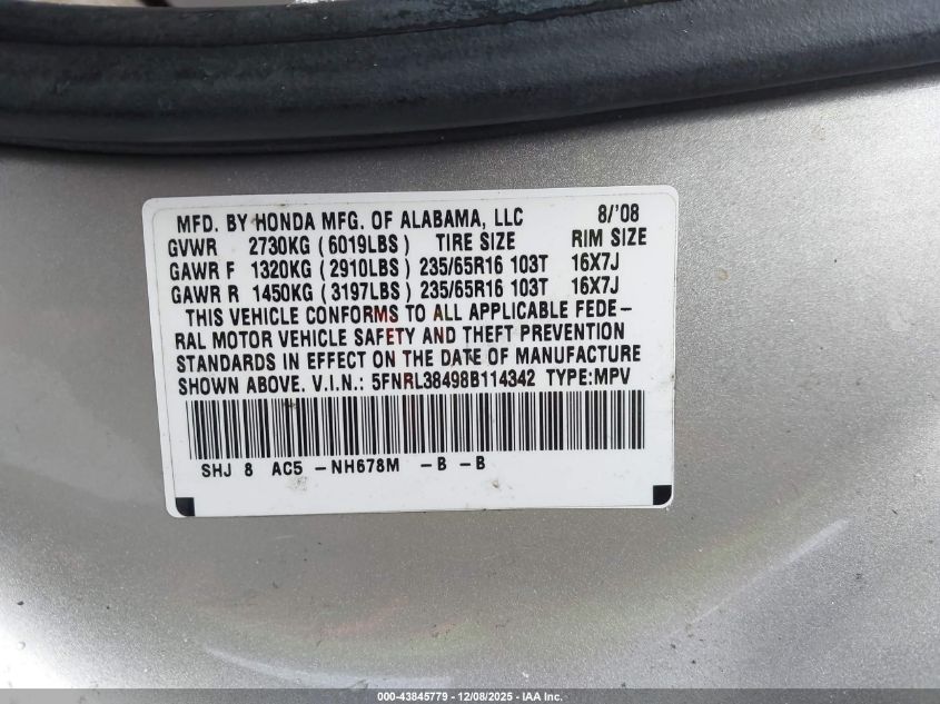 2008 Honda Odyssey Ex VIN: 5FNRL38498B114342 Lot: 43845779