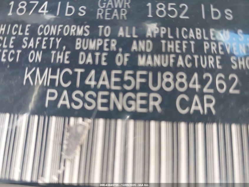 2015 Hyundai Accent Gls VIN: KMHCT4AE5FU884262 Lot: 43845785