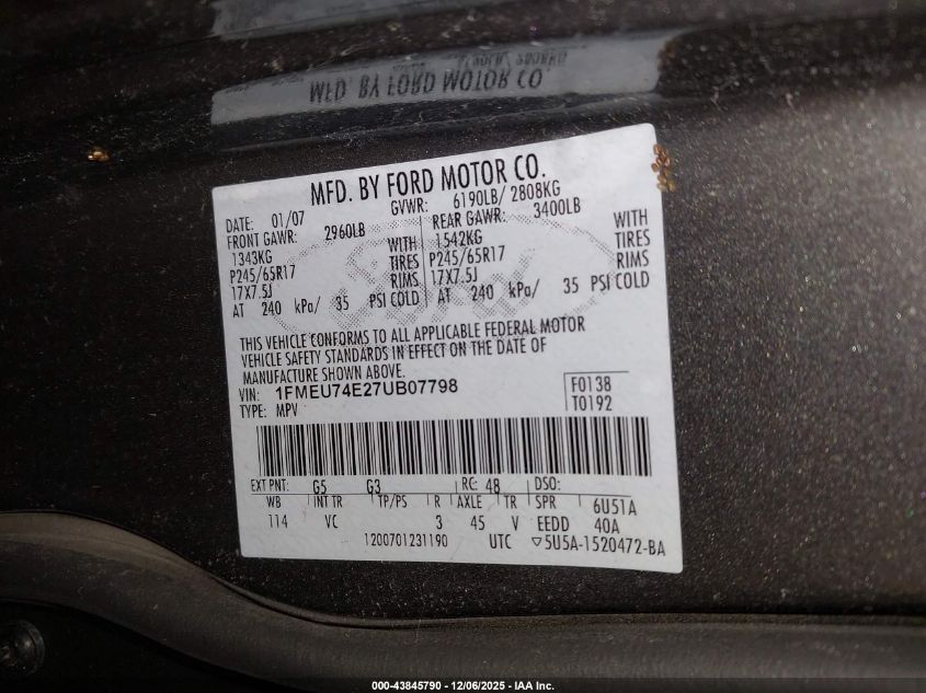 2007 Ford Explorer Eddie Bauer VIN: 1FMEU74E27UB07798 Lot: 43845790