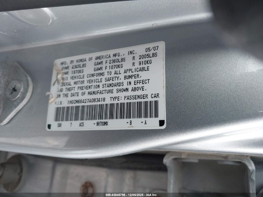 2007 Honda Accord 3.0 Se VIN: 1HGCM66427A083418 Lot: 43845796