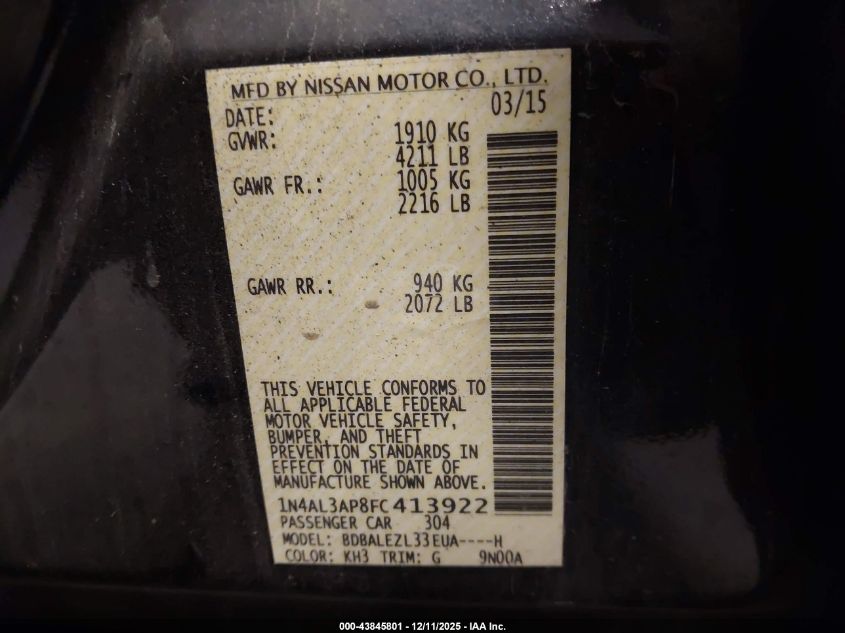 2015 Nissan Altima 2.5 S VIN: 1N4AL3AP8FC413922 Lot: 43845801