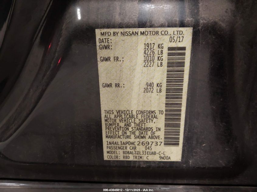 2017 Nissan Altima 2.5 Sl VIN: 1N4AL3AP0HC269737 Lot: 43845812