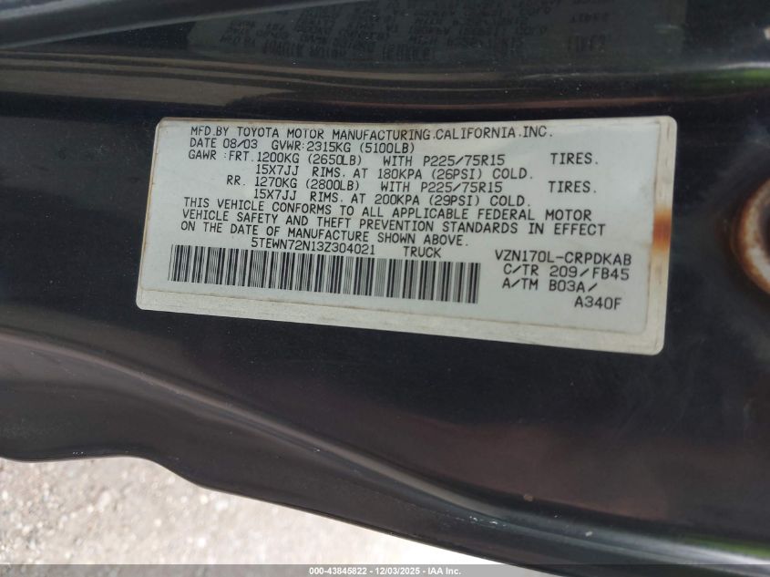 2003 Toyota Tacoma Base V6 VIN: 5TEWN72N13Z304021 Lot: 43845822