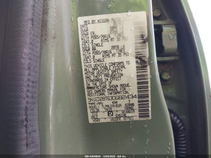 2003 Nissan Xterra Xe VIN: 5N1ED28T63C682434 Lot: 43845840