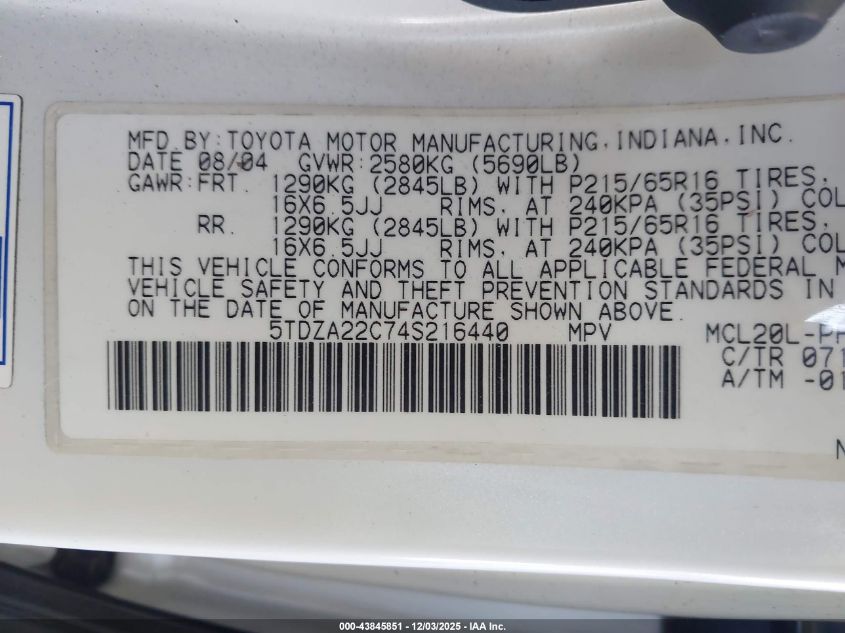2004 Toyota Sienna Xle VIN: 5TDZA22C74S216440 Lot: 43845851