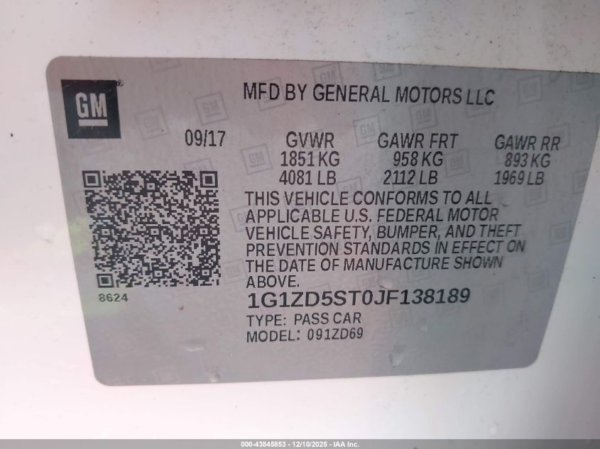 2018 Chevrolet Malibu Lt VIN: 1G1ZD5ST0JF138189 Lot: 43845853