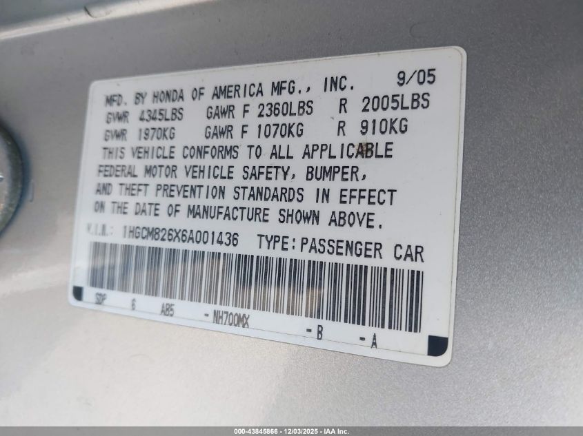 2006 Honda Accord 3.0 Ex VIN: 1HGCM826X6A001436 Lot: 43845866