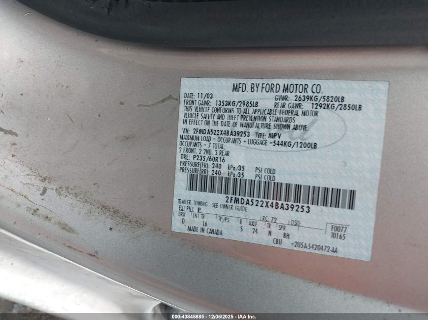 2004 Ford Freestar Sel VIN: 2FMDA522X4BA39253 Lot: 43845885