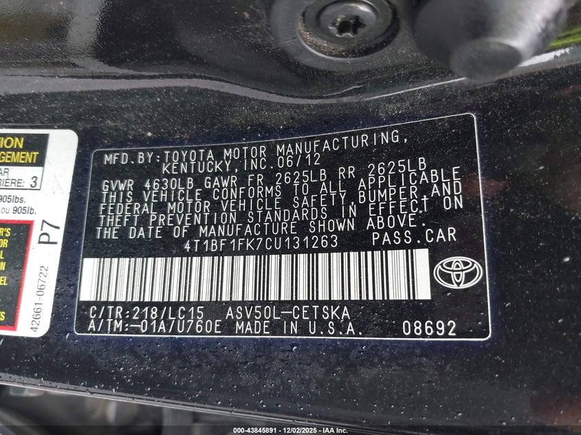 4T1BF1FK7CU131263 2012 TOYOTA CAMRY photo no. 9