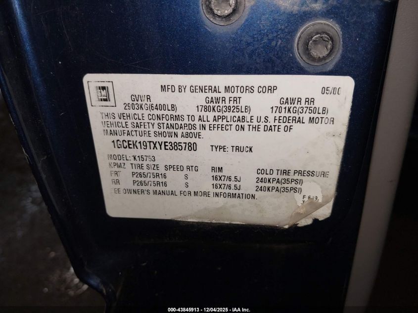 2000 Chevrolet Silverado 1500 Lt VIN: 1GCEK19TXYE385780 Lot: 43845913
