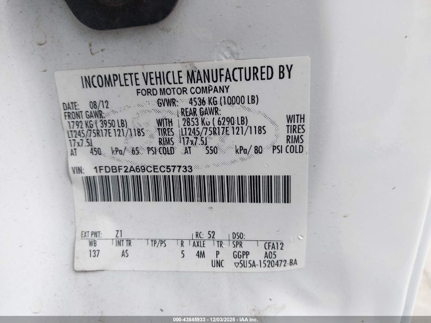 2012 Ford F-250 Xl VIN: 1FDBF2A69CEC57733 Lot: 43845933