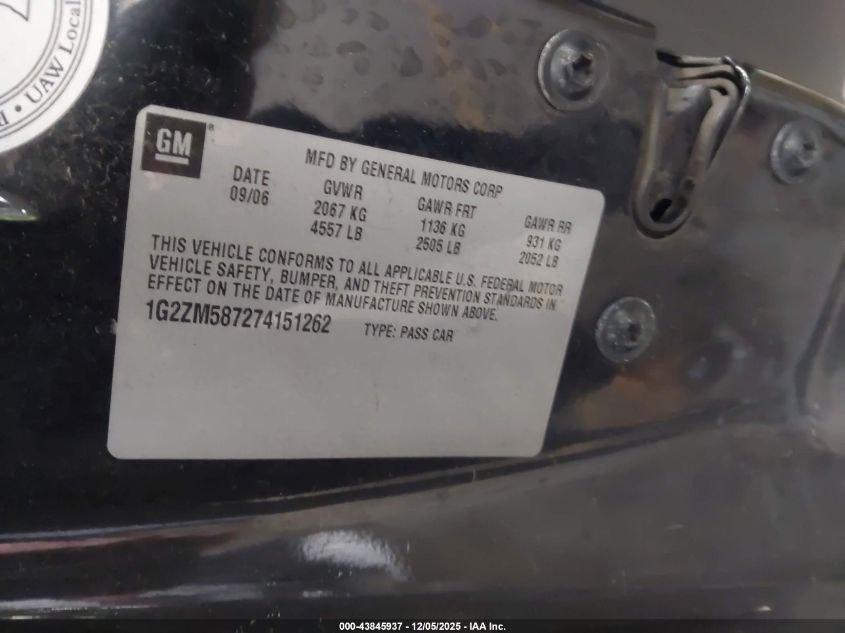 2007 Pontiac G6 Gtp VIN: 1G2ZM587274151262 Lot: 43845937