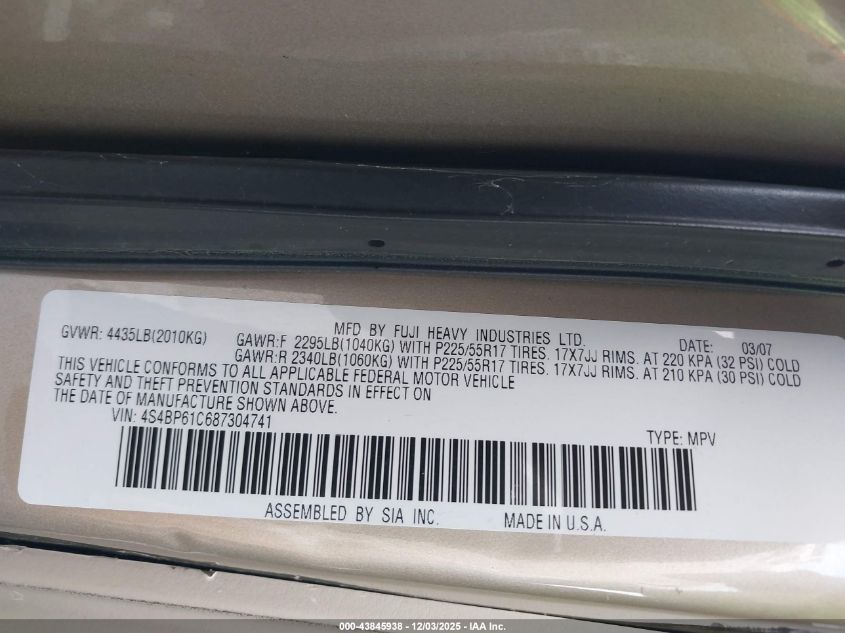 2008 Subaru Outback 2.5I/2.5I L.l. Bean Edition VIN: 4S4BP61C687304741 Lot: 43845938