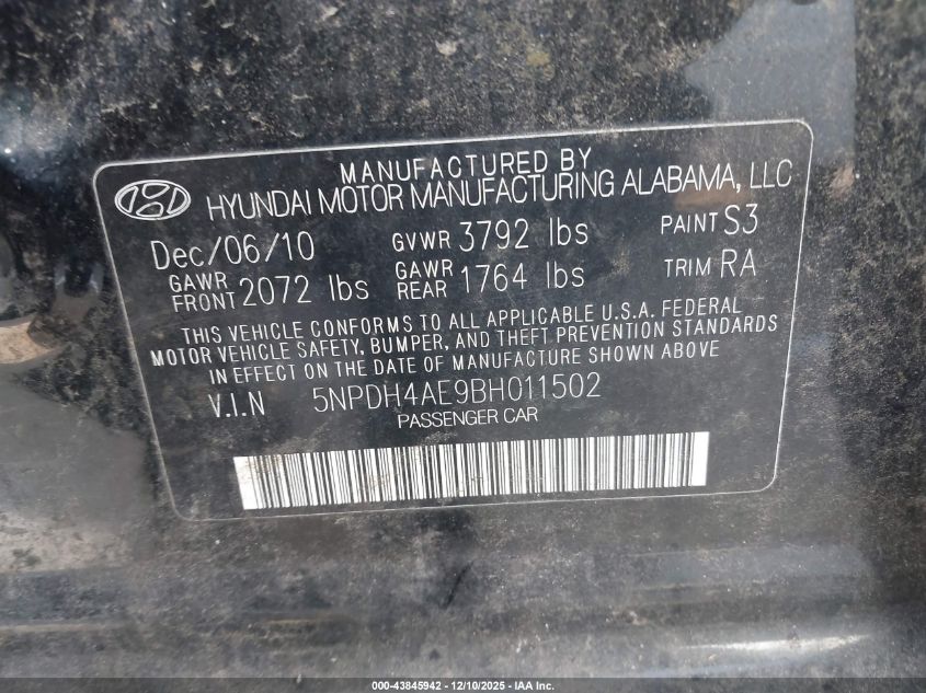 2011 Hyundai Elantra Gls VIN: 5NPDH4AE9BH011502 Lot: 43845942