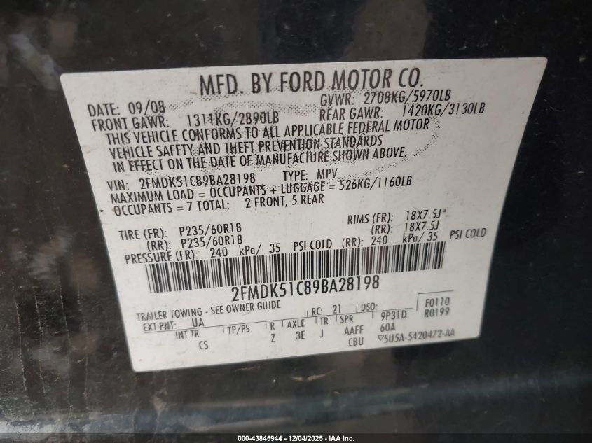 2009 Ford Flex Se VIN: 2FMDK51C89BA28198 Lot: 43845944