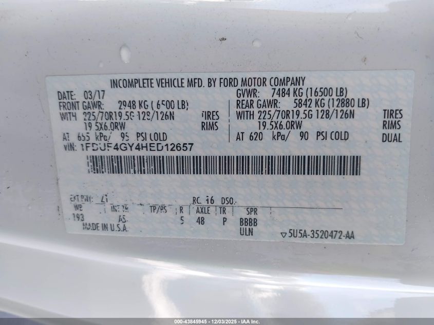 2017 Ford F-450 Chassis Xl VIN: 1FDUF4GY4HED12657 Lot: 43845945