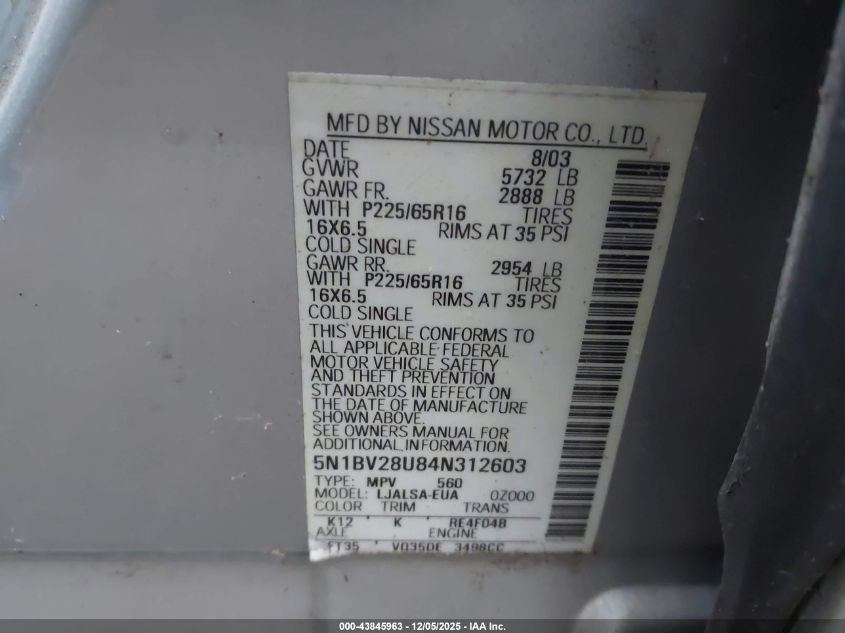 2004 Nissan Quest 3.5 S VIN: 5N1BV28U84N312603 Lot: 43845963
