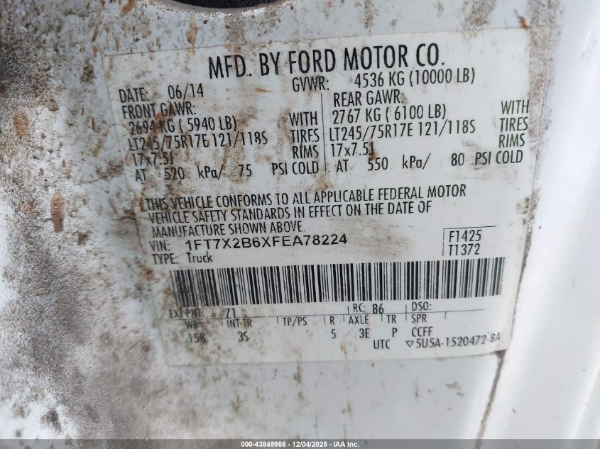 2015 Ford F-250 Xlt VIN: 1FT7X2B6XFEA78224 Lot: 43845986