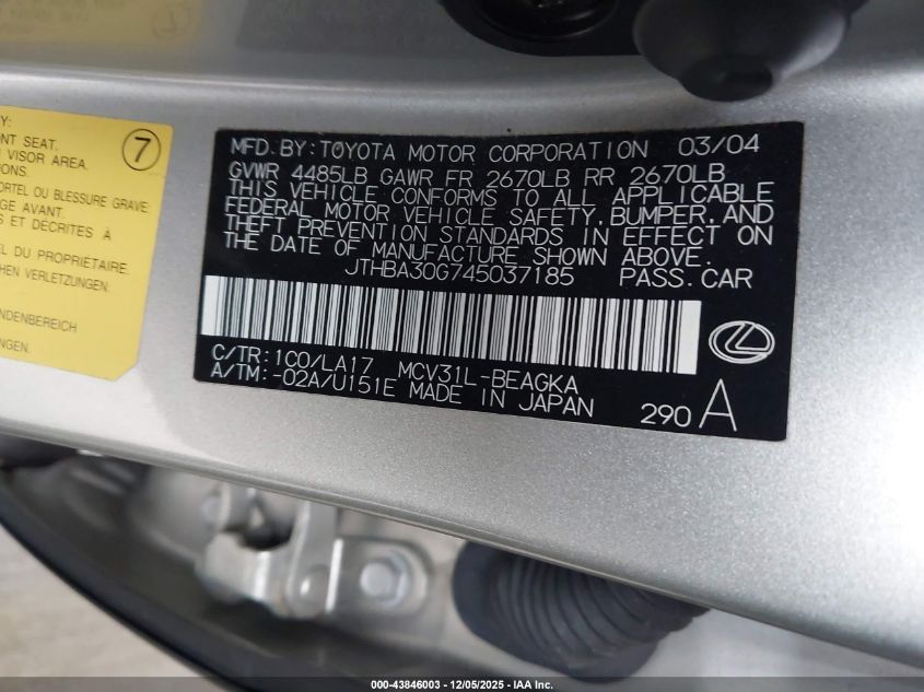 2004 Lexus Es 330 VIN: JTHBA30G745037185 Lot: 43846003