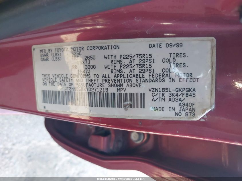 2000 Toyota 4Runner Sr5 V6 VIN: JT3HN86RXY0271219 Lot: 43846004