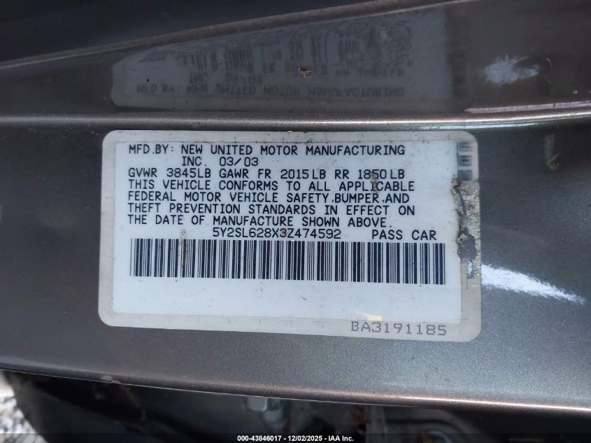 2003 Pontiac Vibe VIN: 5Y2SL628X3Z474592 Lot: 43846017