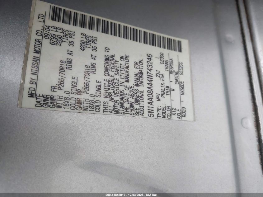 2004 Nissan Pathfinder Armada Se VIN: 5N1AA08A44N743246 Lot: 43846019