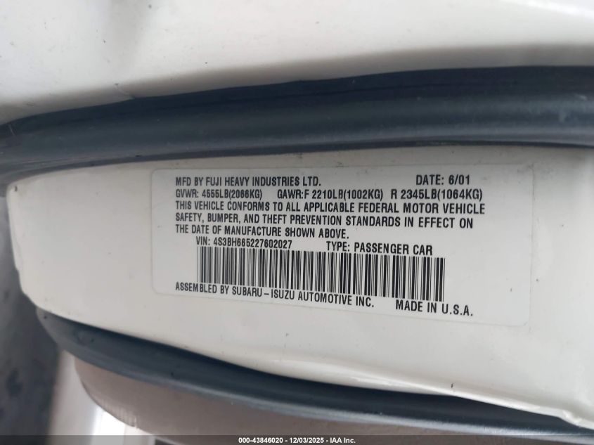 2002 Subaru Outback VIN: 4S3BH665227602027 Lot: 43846020