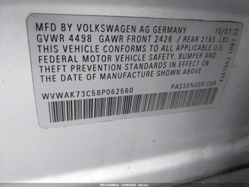2008 Volkswagen Passat Komfort VIN: WVWAK73C58P062560 Lot: 43846022