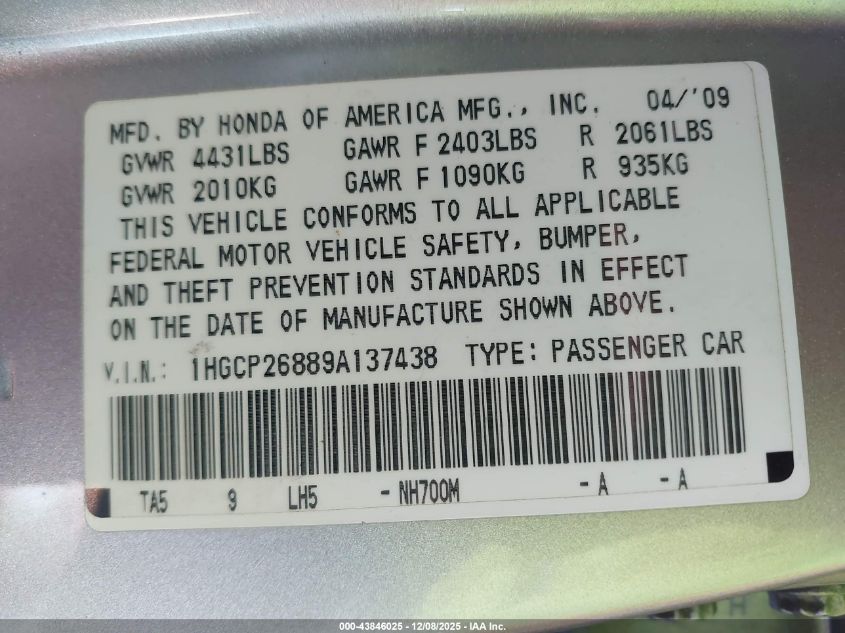 2009 Honda Accord 2.4 Ex-L VIN: 1HGCP26889A137438 Lot: 43846025