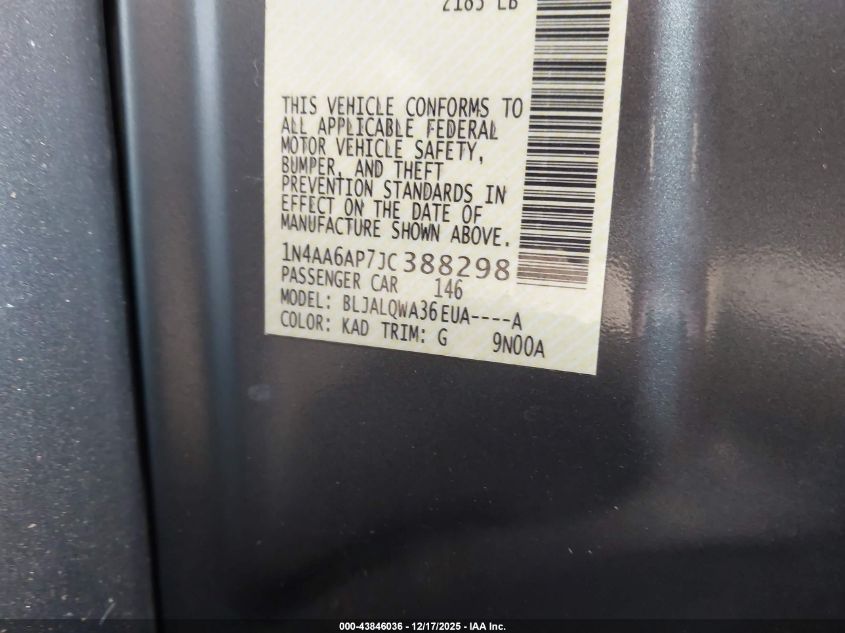 2018 Nissan Maxima 3.5 S VIN: 1N4AA6AP7JC388298 Lot: 43846036