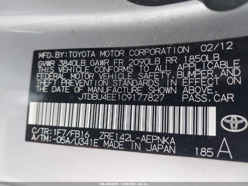 2012 Toyota Corolla Le VIN: JTDBU4EE1C9177827 Lot: 43846038