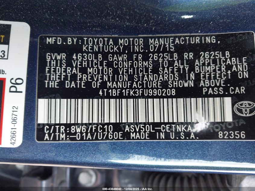 2015 Toyota Camry Le VIN: 4T1BF1FK3FU990208 Lot: 43846040