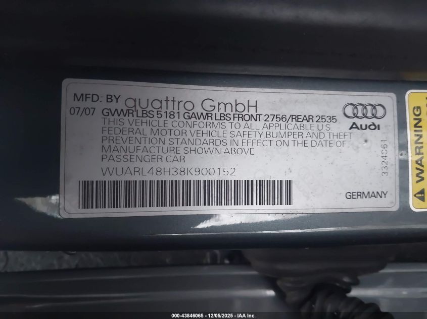 2008 Audi S4 4.2 VIN: WUARL48H38K900152 Lot: 43846065