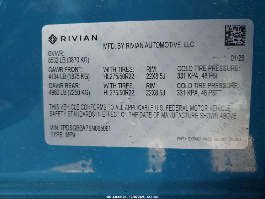 2025 Rivian R1S Adventure Dual Motor Large Pack/Adventure Dual Motor Max Pack VIN: 7PDSGBBA7SN065061 Lot: 43846108