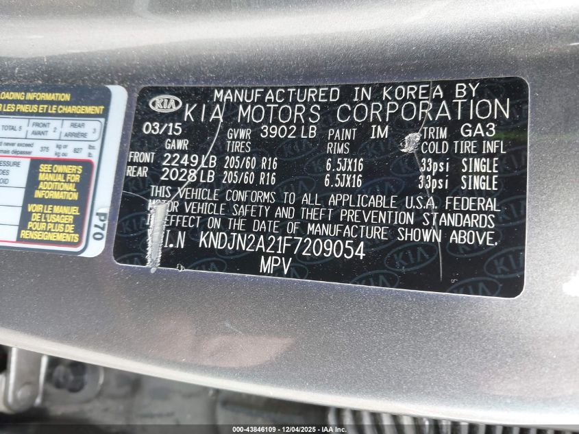 2015 Kia Soul VIN: KNDJN2A21F7209054 Lot: 43846109