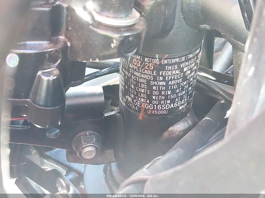 2025 Kawasaki Ex500 VIN: ML5EXGG16SDA68451 Lot: 43846110