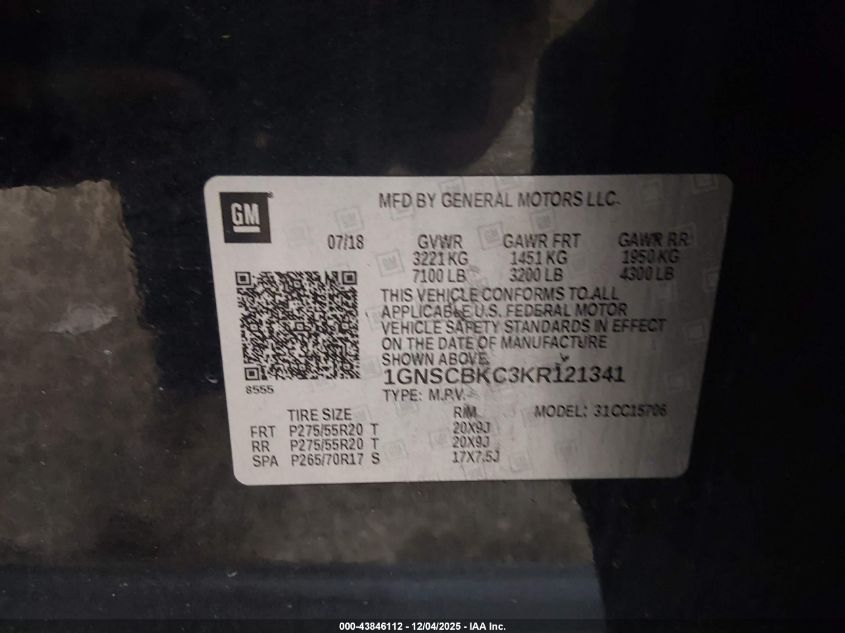 2019 Chevrolet Tahoe Lt VIN: 1GNSCBKC3KR121341 Lot: 43846112