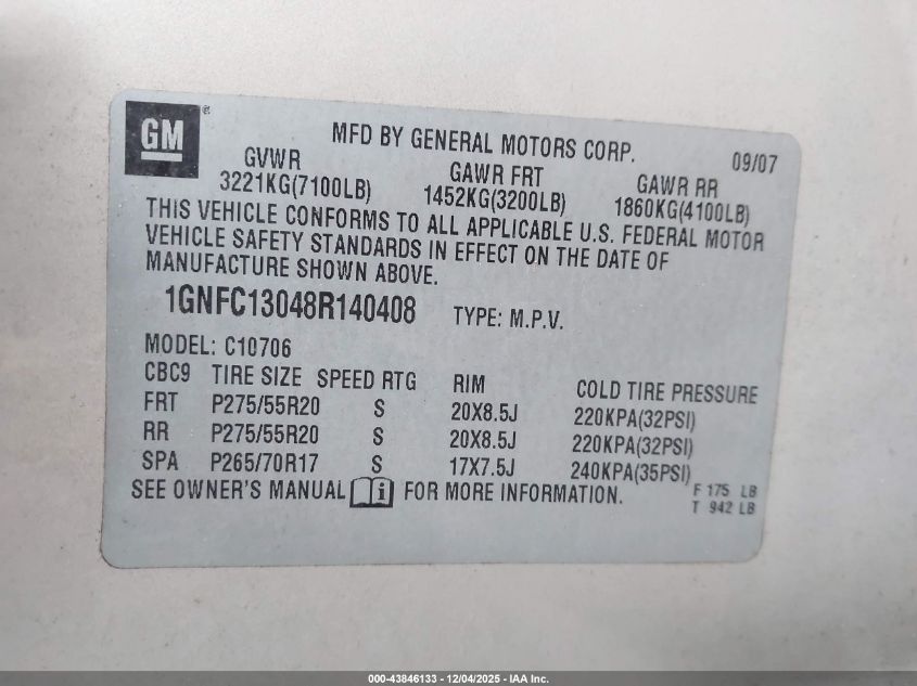 2008 Chevrolet Tahoe Lt VIN: 1GNFC13048R140408 Lot: 43846133