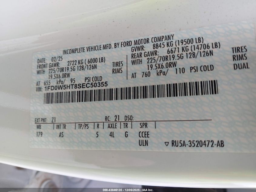 2025 Ford F-550 Chassis Xl VIN: 1FD0W5HT8SEC50355 Lot: 43846135