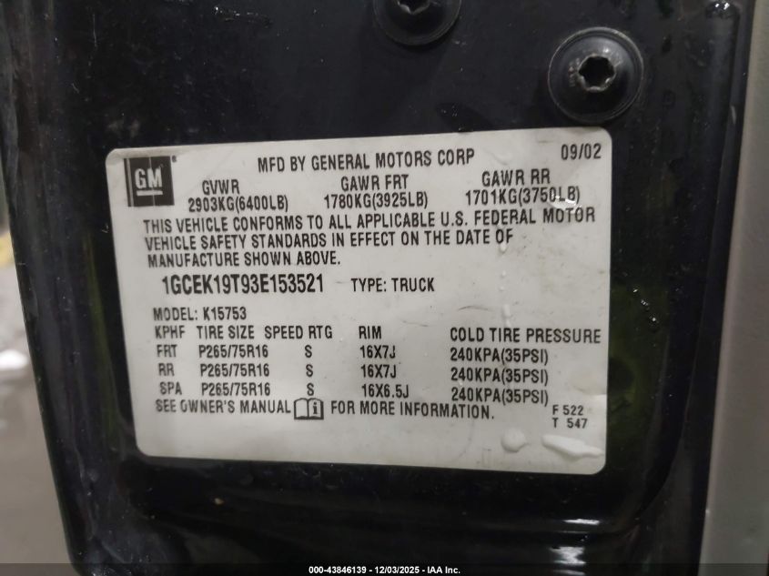 2003 Chevrolet Silverado 1500 Lt VIN: 1GCEK19T93E153521 Lot: 43846139