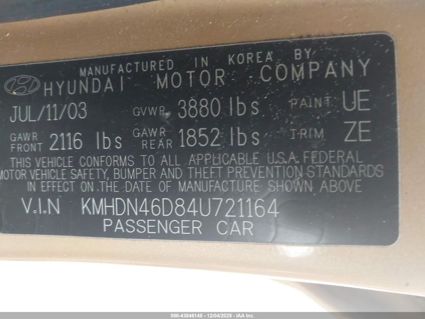 2004 Hyundai Elantra Gls/Gt VIN: KMHDN46D84U721164 Lot: 43846148