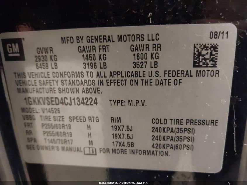 2012 GMC Acadia Slt-2 VIN: 1GKKVSED4CJ134224 Lot: 43846155