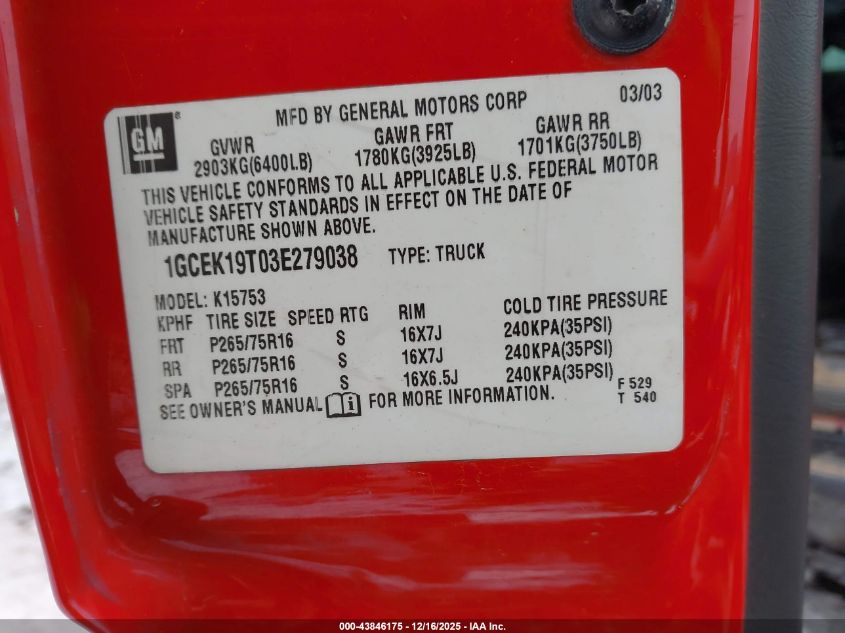 2003 Chevrolet Silverado 1500 Lt VIN: 1GCEK19T03E279038 Lot: 43846175