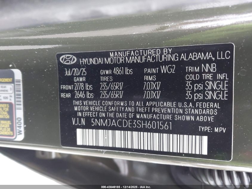 2025 Hyundai Tucson Se VIN: 5NMJACDE3SH601561 Lot: 43846185
