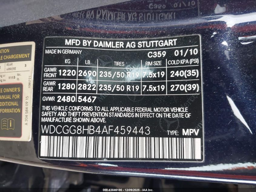 2010 Mercedes-Benz Glk 350 4Matic VIN: WDCGG8HB4AF459443 Lot: 43846186