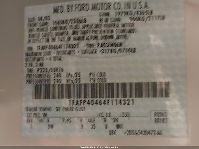 2004 Ford Mustang VIN: 1FAFP40464F114321 Lot: 43846189