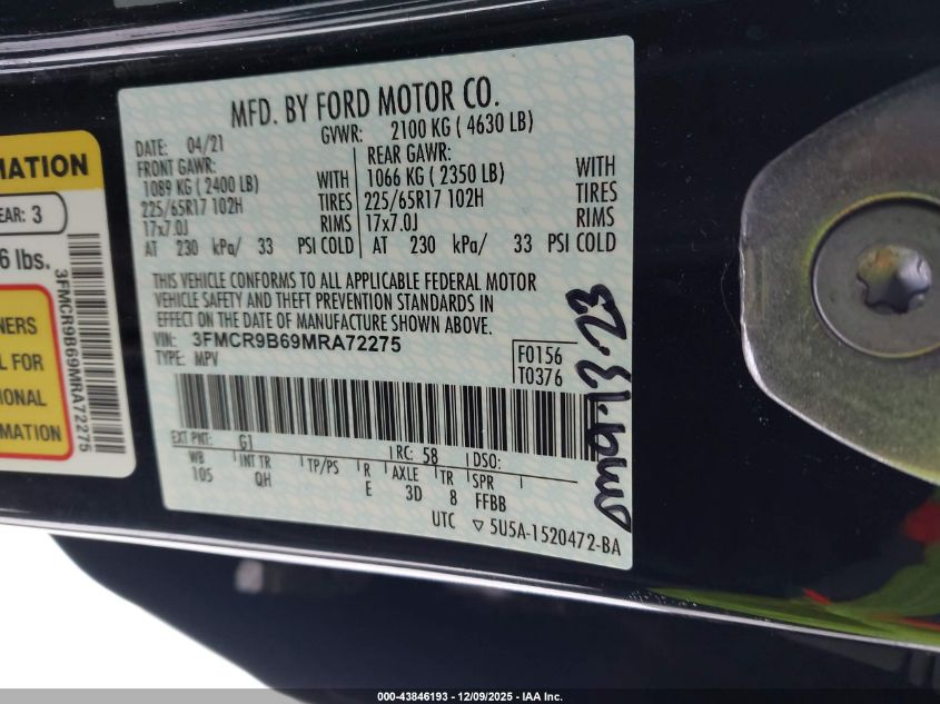 2021 Ford Bronco Sport Big Bend VIN: 3FMCR9B69MRA72275 Lot: 43846193