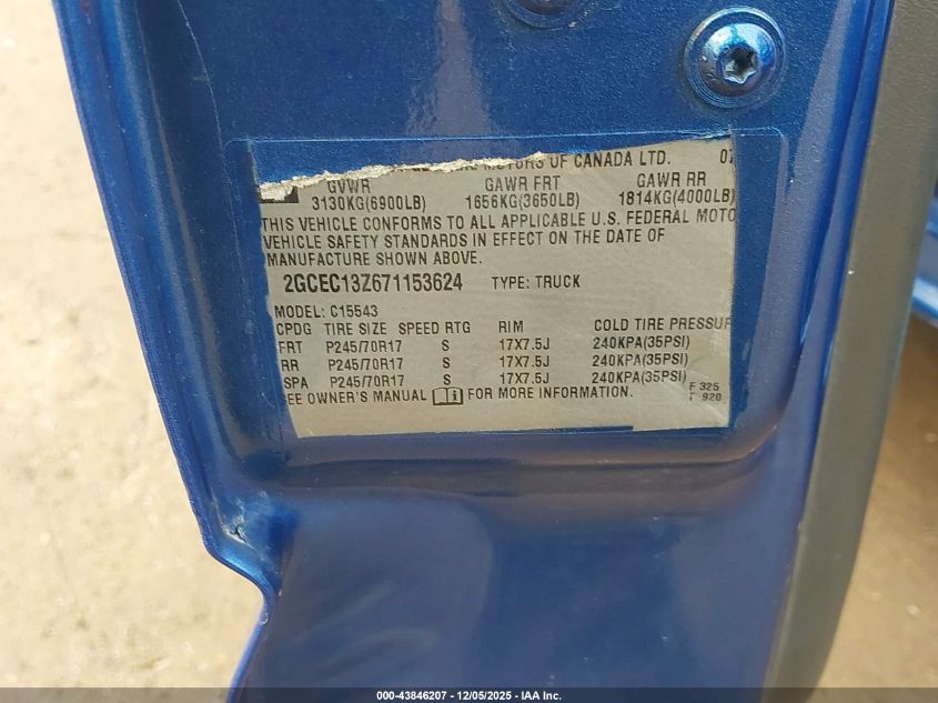 2007 Chevrolet Silverado 1500 Classic Lt1 VIN: 2GCEC13Z671153624 Lot: 43846207